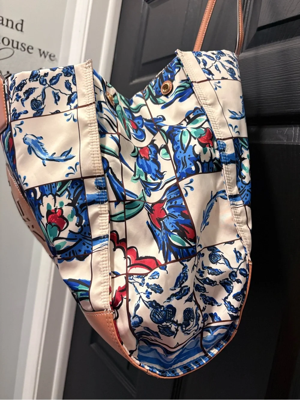 TORY BURCH Retired Blue Floral Patchwork Ella Tote with Tan Leather Details